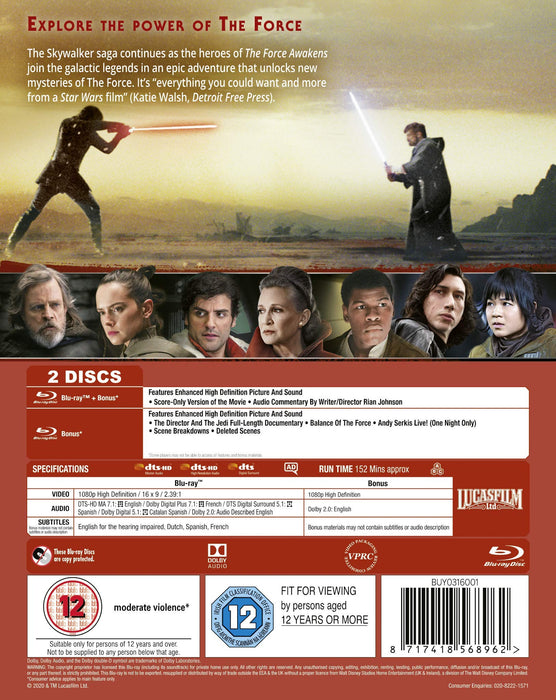 Star Wars Episode VIII The Last Jedi [Blu-ray] [2020] [Region Free] - New Sealed - Attic Discovery Shop