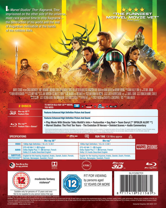 Thor Ragnarok 3D + 2D BD [Blu-ray] [2017] [Region Free] (Marvel) - New Sealed - Attic Discovery Shop