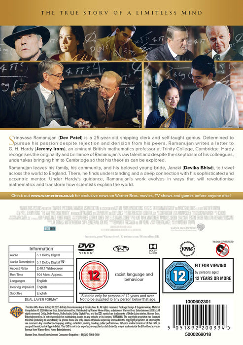 The Man Who Knew Infinity [DVD] [2016] [Reg 2] Dev Patel Jeremy Irons NEW Sealed - Attic Discovery Shop