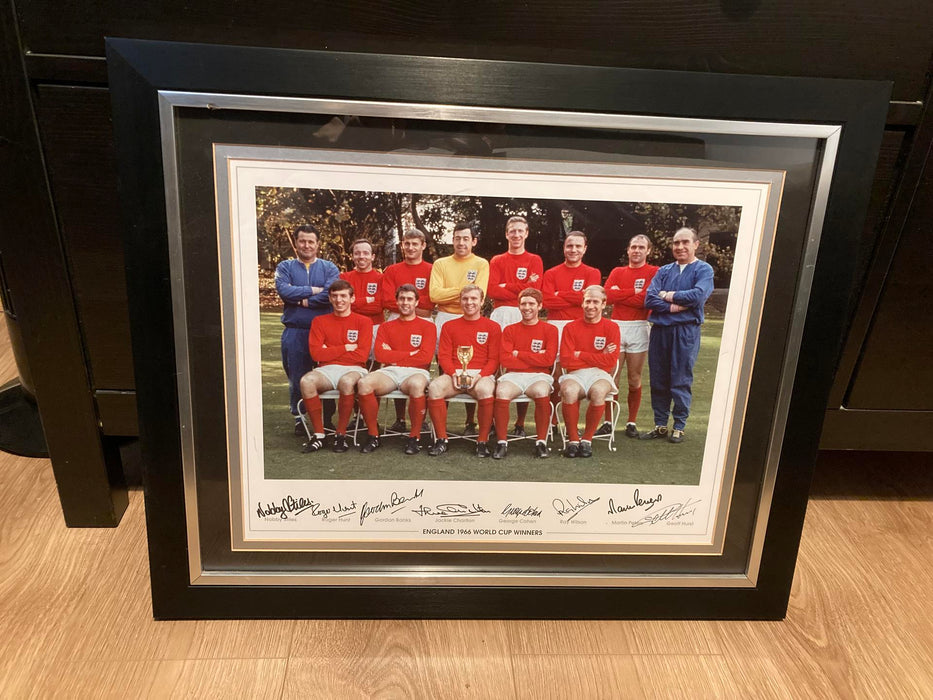 ORIGINAL hand signed by players 1966 England World Cup Football Framed +Cert - Good