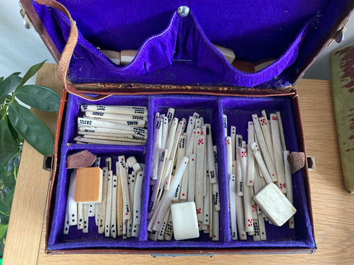 Antique Vintage Rare Chinese Mahjong Set + Leather Case & Carved Counting Sticks - Good - Attic Discovery Shop