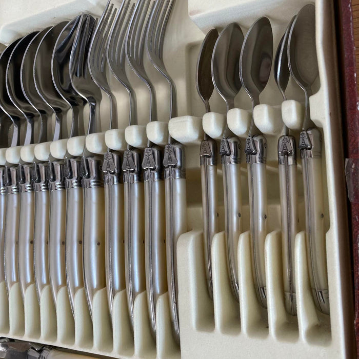 Vintage Laguiole Bee Inox 1st Quality 24 Piece Cutlery Set Pearl Effect Handles - Good - Attic Discovery Shop