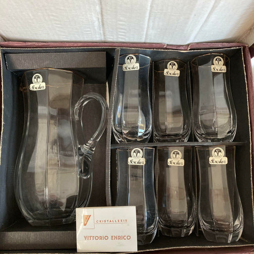 Vittorio Enrico Vintage Italian Hand-made Blown Jug Crystal Glasses Set 7pc +Box - Attic Discovery Shop