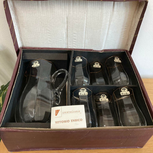 Vittorio Enrico Vintage Italian Hand-made Blown Jug Crystal Glasses Set 7pc +Box - Attic Discovery Shop