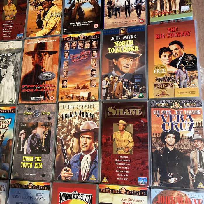 54 VHS Job Lot Classic Western Film Videos John Wayne Clint Eastwood Dean Martin - Good - Attic Discovery Shop