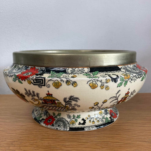Vtg Coalport Oriental Floral Ceramic Bowl Metal Rimmed Kings Ware Canton England - Good - Attic Discovery Shop