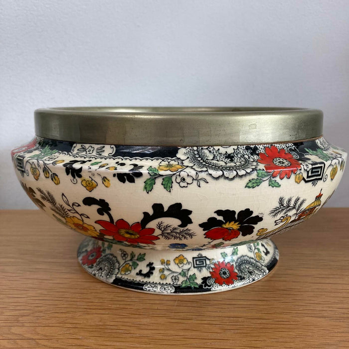 Vtg Coalport Oriental Floral Ceramic Bowl Metal Rimmed Kings Ware Canton England - Good - Attic Discovery Shop
