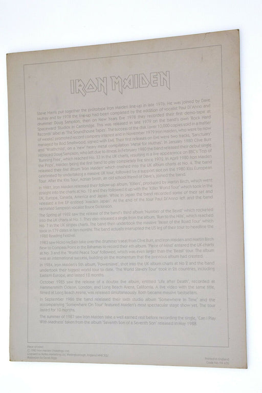 Iron Maiden Piece of Mind ORIGINAL Rare Dated 1983 VTG Photocard High Quality - Very Good - Attic Discovery Shop