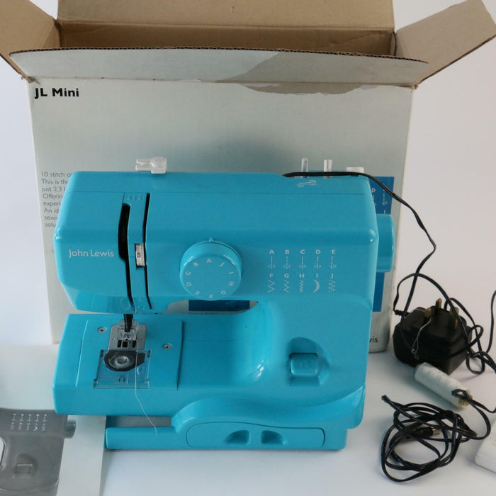 John Lewis Mini Blue Sewing Machine (Turquoise Blue), with Pedal, Power Supply - Good - Attic Discovery Shop