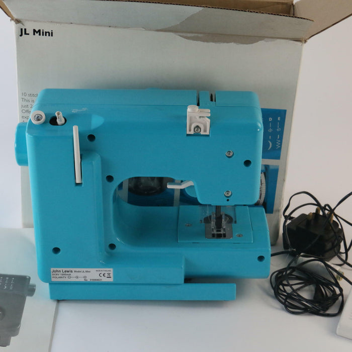 John Lewis Mini Blue Sewing Machine (Turquoise Blue), with Pedal, Power Supply - Good - Attic Discovery Shop