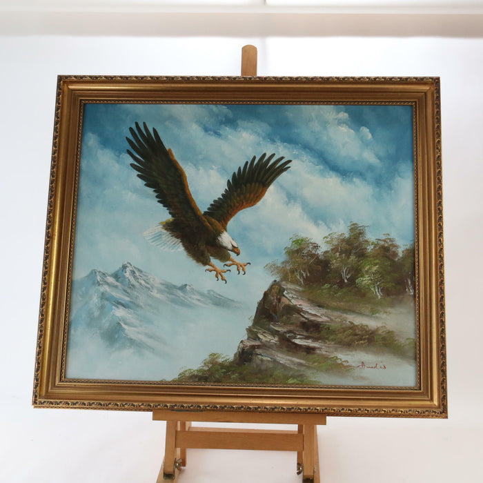 VTG Original Oil Painting on Board on sale FLYING EAGLE in Mountains by Amadio Framed