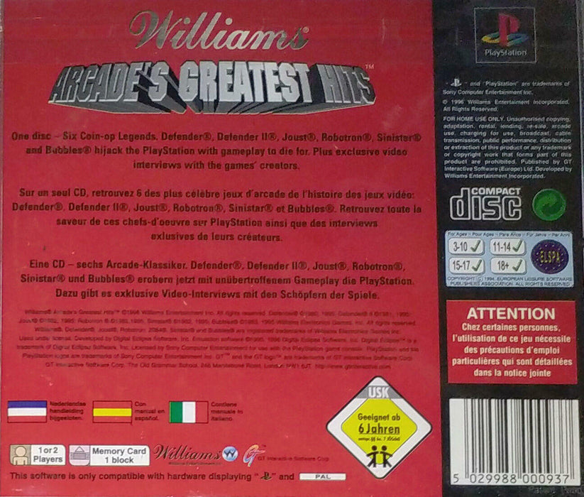 Williams Arcades Greatest Hits PS1 Playstation 1 Game - Very Good - Attic Discovery Shop