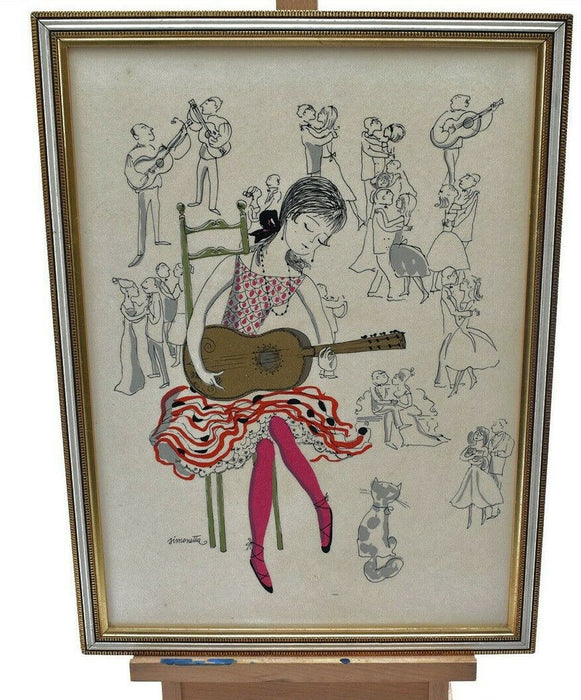 Vintage Simonetta Music Art Ink Drawing Picture Lady on Guitar Framed Signed - Attic Discovery Shop